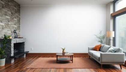 Foggy afternoon Mid-Century Inspired Stone Wall Living Room with retro-style walnut skirting boards...