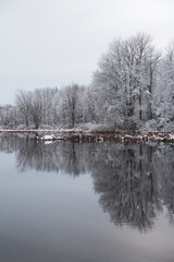 Snow Covered Trees Reflected in the Calm water. Winter Landscape.