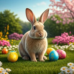 Cute bunny sitting on green grass among colorful Easter eggs, surrounded by blooming flowers and sakura branches. Bright, cheerful spring atmosphere with soft blue sky and glowing bokeh.