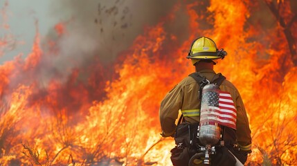 Fototapeta premium American fire barged man determined fire brigade member battling massive wildfire focus on the man on a white background showcasing the intense efforts of firefighting in natural disasters