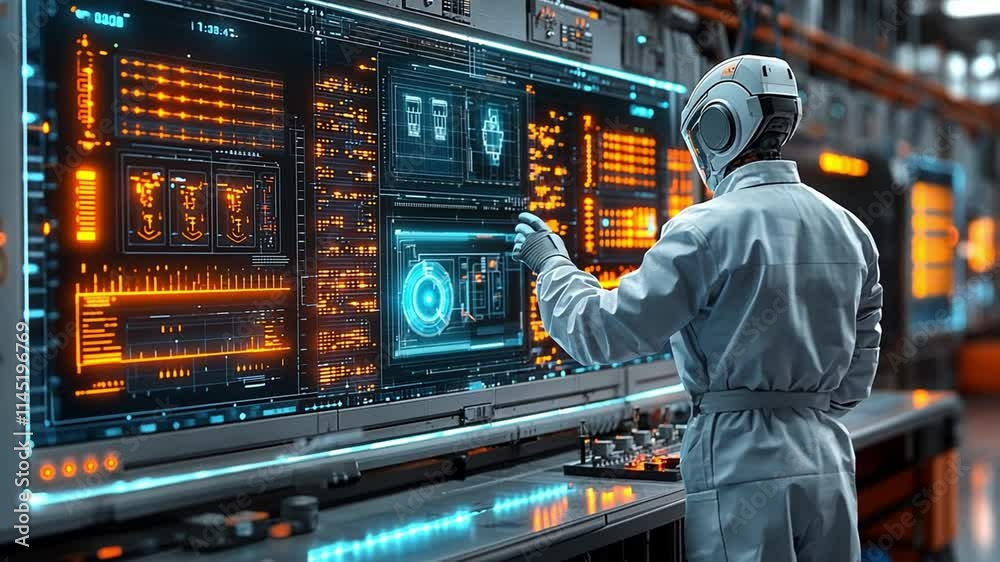 Poster robot interacts with advanced digital interface in futuristic control room setting