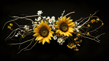 A whimsical sunflower bouquet featuring two large sunflowers yellow billy buttons and eucalyptus in a simple mason jar.