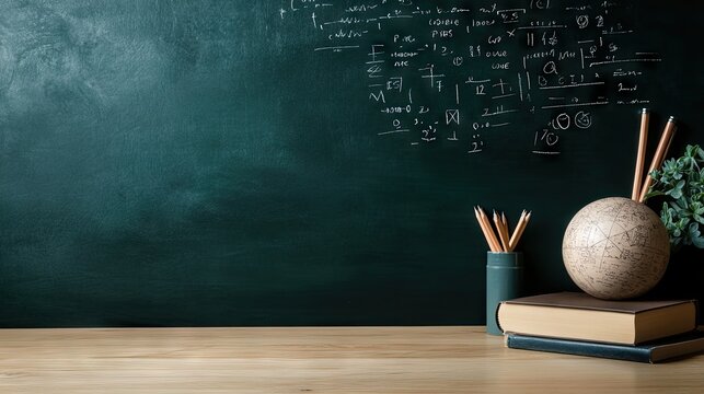 An open book rests on a wooden table beside stacks of books and a container filled with colored pencils. A chalkboard in the background displays mathematical equations and diagrams