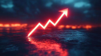 A glowing red upward arrow symbolizes growth and progress against a dark, moody background.