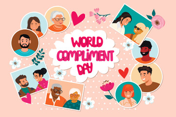 World Compliment Day banner with different people.Cartoon collection of photos with men and women,hand written,hearts,leaves and flowers.Vector designs set isolated on pink.Flat color illustration.
