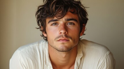 Fototapeta premium Close-up portrait of a young man with wavy brown hair and a serious expression, wearing a white shirt.