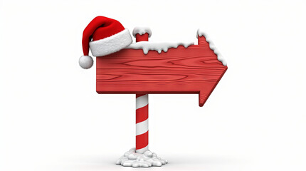 A festive signpost. The sign is arrow-shaped, pointing to the right, and is designed with a wooden texture in a vibrant red colour