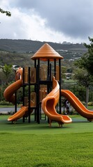 A colorful playground set featuring vibrant yellow slides and a climbing frame stands on a lush green lawn in a sunny park, inviting children to play and explore