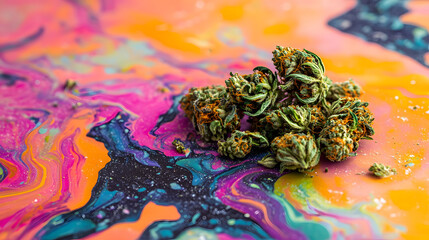 A beautifully arranged pile of crushed weed and vibrant buds placed on a psychedelic abstract surface.