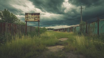 An abandoned baseball field with overgrown weeds a rusted fence and a weathered scoreboard under a moody sky.