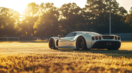 A bright pearl white GoCoda sports car with sharp black accents glowing softly on the uneven grass of a grunge football field.