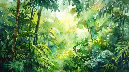 Naklejka premium Vibrant tropical rainforest scene with lush greenery and soft light