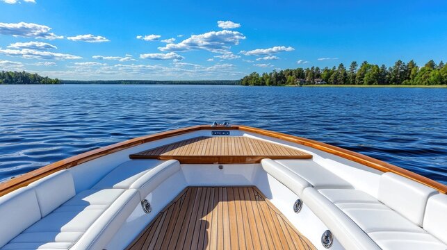 The interior of a boat features a polished steering wheel and comfortable seating, surrounded by serene blue water reflecting sunlight on a clear day. - Powered by Adobe