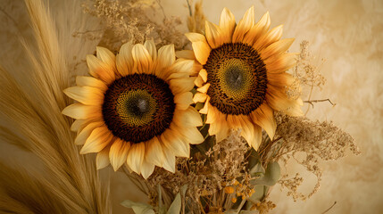A boho sunflower bouquet showcasing two large sunflowers with pampas grass and beige dried flowers.