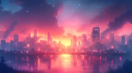 Glowing glitch effect on an abstract city skyline with vibrant neon lights distorting the scene