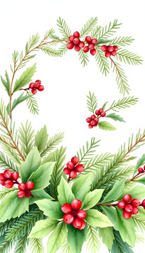 Watercolor round christmas frame with fir branches berry leaves plant herb winter flora isolated on white background. Botanical greenery holiday illustration for wedding invitation card design, pixe