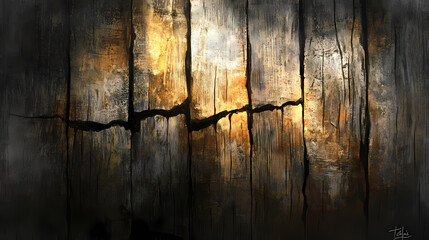 Weathered wooden planks with rough, cracked surfaces and faded scratches illuminated by soft, warm light, evoking a sense of nostalgia and urban decay. Lichenous. Illustration