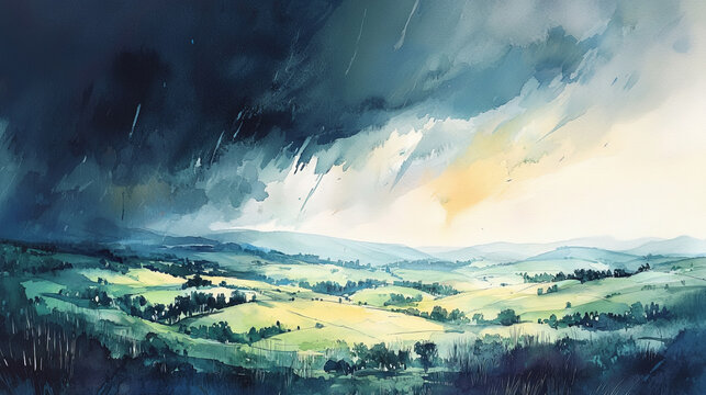 dramatic watercolor landscape of rolling hills under stormy sky