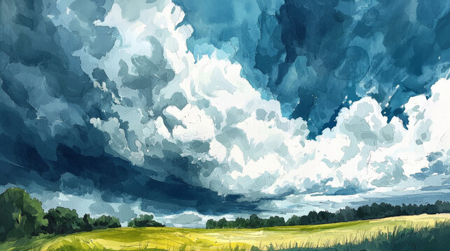 Vibrant watercolor landscape featuring rolling hills and dramatic clouds