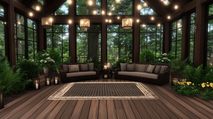 Obraz premium A warm and inviting outdoor seating arrangement features comfortable cushions and ambient lighting hanging above. Soft lanterns enhance the peaceful evening atmosphere in the garden