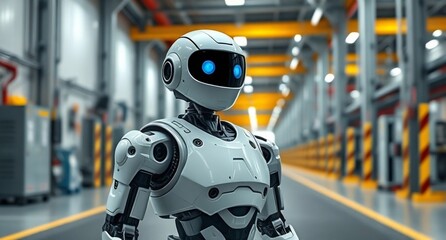 a humanoid robot works in a warehouse