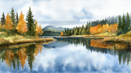 Obraz premium serene autumn forest reflecting in calm lake, showcasing vibrant colors