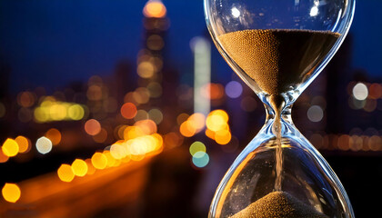 Hourglass in close and cosmopolitan city at nignt in the background with vivid colors and long exposure.