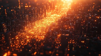 Fototapeta premium A bright urban scene with glowing overlays of connectivity between smart devices, sunlight illuminating the cityscape