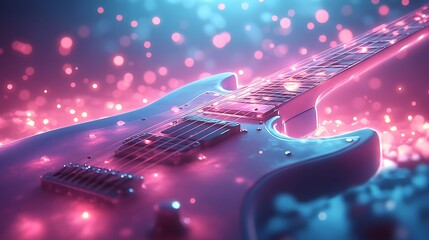 Glowing glitch effect on a close up of a guitar with neon light flickers around the strings