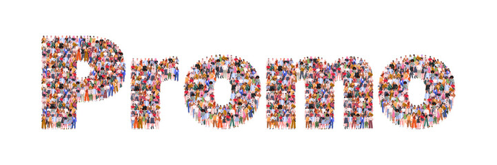  Large group of people forming word Promo. Introducing a product, service or company to the market, increasing their recognition, attracting new customers. Vector illustration. Not AI generated