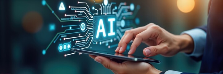 Person interacts with AI assistant on device. Tech solution supports business work. Modern person uses AI tech. Person uses AI for personalized service. Innovative tech support shown. AI helps with
