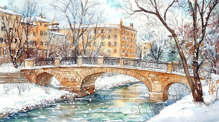 Obraz premium serene watercolor painting of bridge over river in snowy landscape