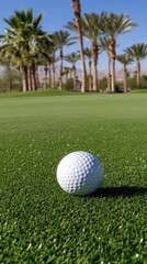Fototapeta premium A golf ball sits on lush green grass, surrounded by palm trees and distant mountains under a clear blue sky during daylight. A serene atmosphere enhances the golfing experience