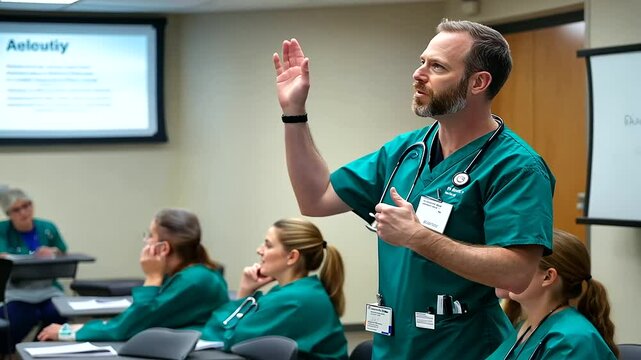 The healthcare executive gestures towards a presentation slide detailing career pathways, inspiring the nursing staff during a group evaluation session.