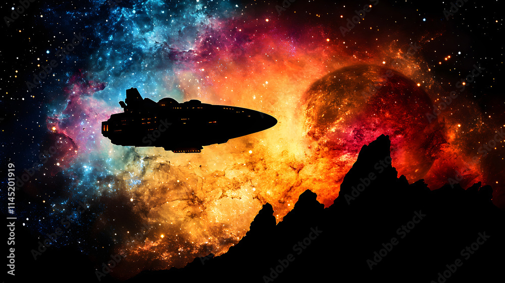 Canvas Prints silhouette of a space exploration ship orbiting a distant planet amidst a vibrant galaxy cluster