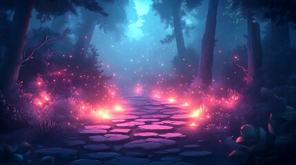 Obraz premium Glowing glitch effect on a mysterious forest path with neon lights flickering in the distance