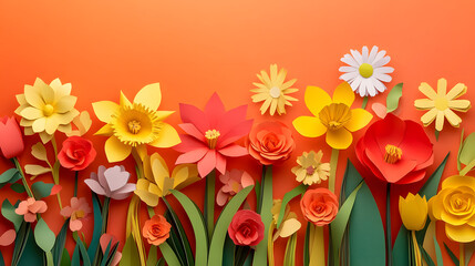 A cheerful paper flower bouquet with daffodils tulips and daisies in vibrant yellow orange and red shades.