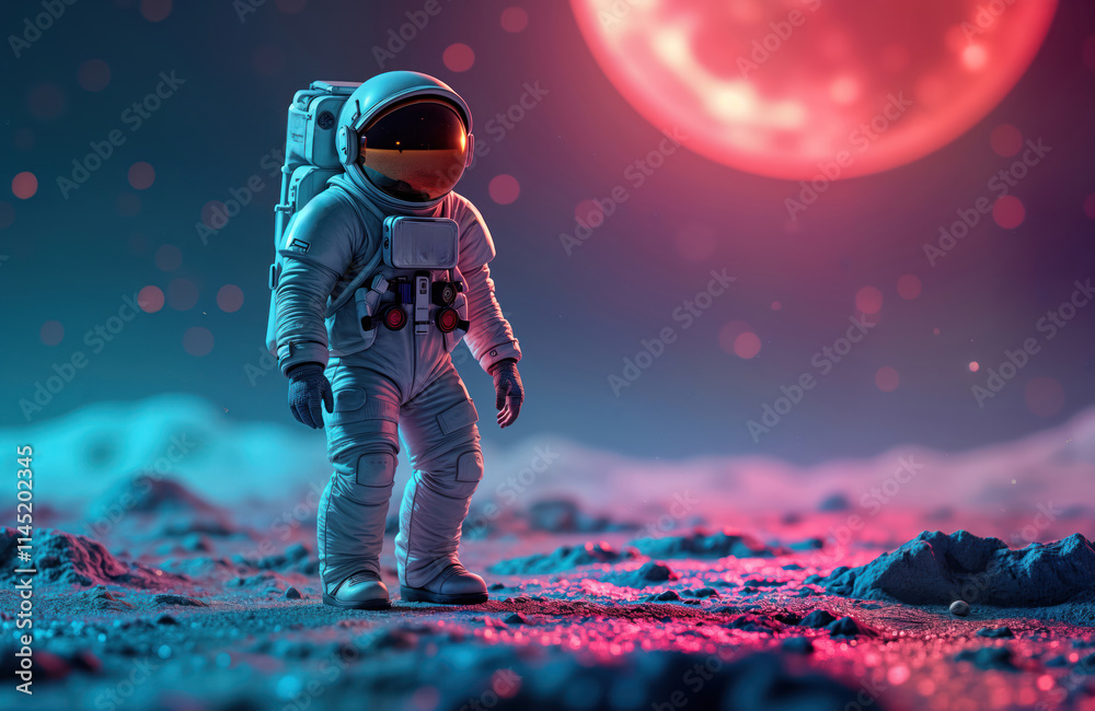 Poster Astronaut in space suit walks on colorful moon surface under vibrant space background with large red moon. Future exploration concept. Possible mission to Mars. Stylish colorful sci-fi illustration.