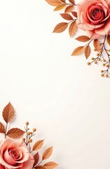 Elegant coral roses and golden leaves arranged in a corner composition on a clean white background, creating a sophisticated and harmonious floral design with warm tones