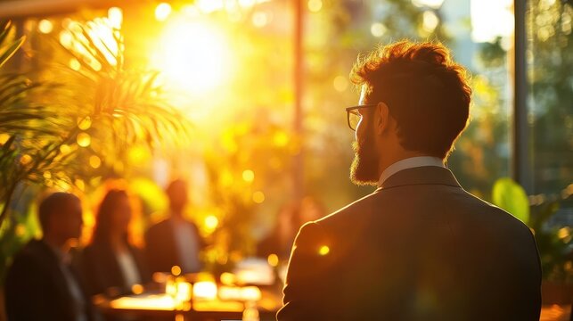 A confident strategist delivering a presentation to their team, sunlight creating a warm and motivating environment