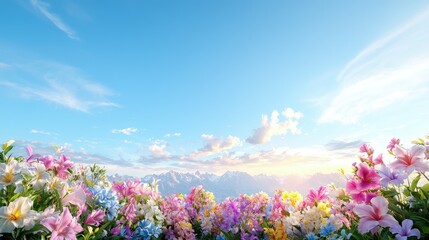 Obraz premium Colorful spring flowers bloom in a meadow with majestic mountains under a clear blue sky.