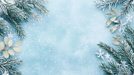 Winter Wonderland Border, Snowy Fir Branches and Golden Leaves, Festive Background