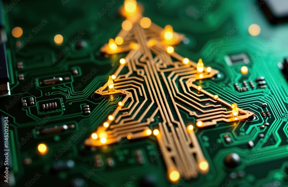 Poster tech festive design. circuit board shows christmas tree shape with glowing lights. printed circuit b