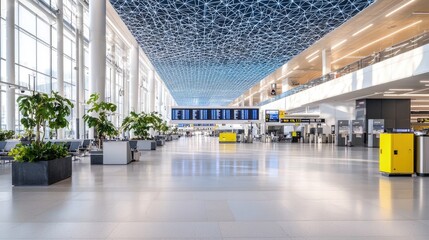 Modern airport terminal interior with high ceilings, seating, plants, and information displays.