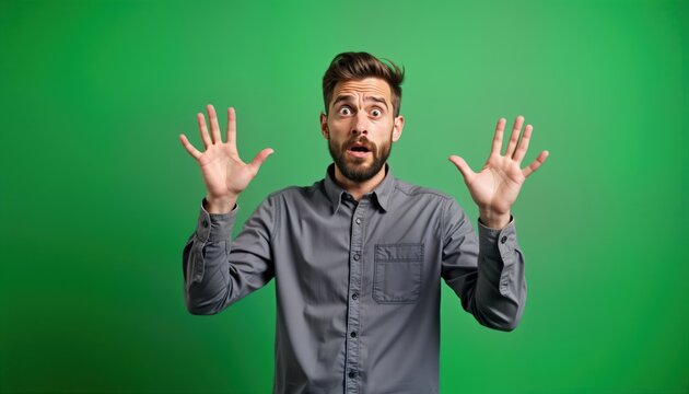 Man with raised hands expresses disbelief, frustration about problem. Looks confused, irritated by difficult task. Seems to showing trendy social media meme. Expression highlights anti-lifehacks,