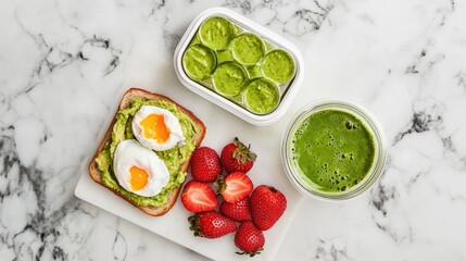 Healthy Avocado Toast with Poached Eggs and Smoothie Bowl