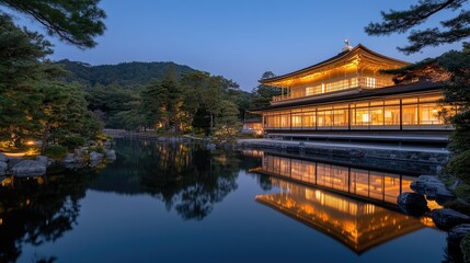 Naklejka premium A traditional Japanese pavilion stands gracefully by a calm pond, illuminated by soft lights. Lush trees and serene waters create a peaceful evening atmosphere in this scenic location