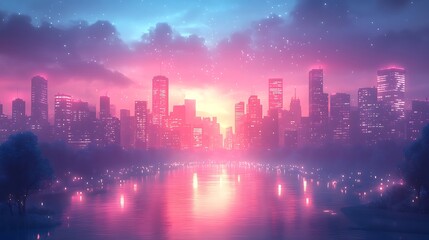 Glowing glitch photo effect with neon light streaks distorting a cityscape skyline