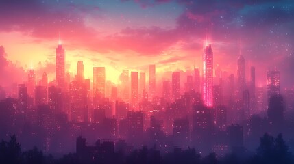 Fototapeta premium Glowing glitch photo effect with neon light streaks distorting a cityscape skyline