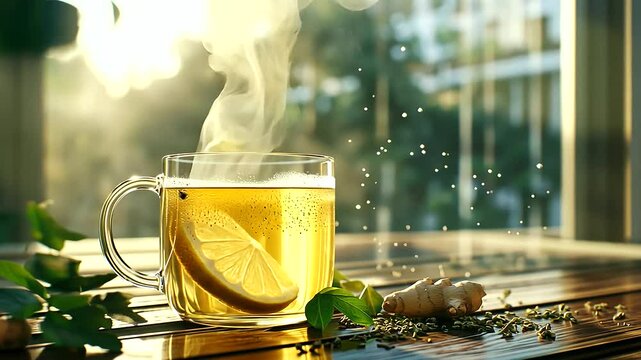 A steaming glass mug of ginger tea with lemon, surrounded by a scattering of dried herbs and spices, placed near an open window with soft, diffused light creating a peaceful ambian
